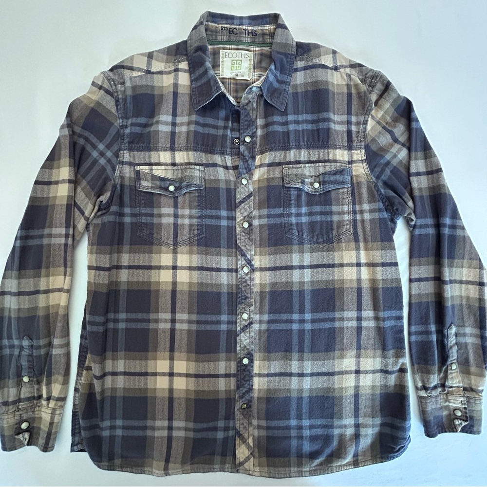 Ecoths Flannel Shirt XL Blue Brown Plaid Snap Button Western Casual